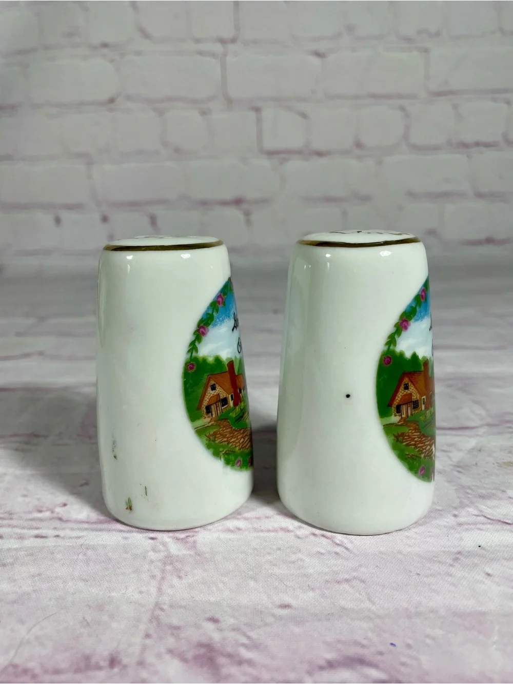 Vintage God Bless Our Home Gold Gilt Porcelain Salt and Pepper Shaker Pair